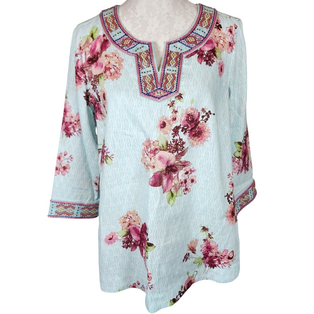 John Mark Women's Linen‎ Blend Tunic Top Medium Ice Blue Floral Embroidered NWT